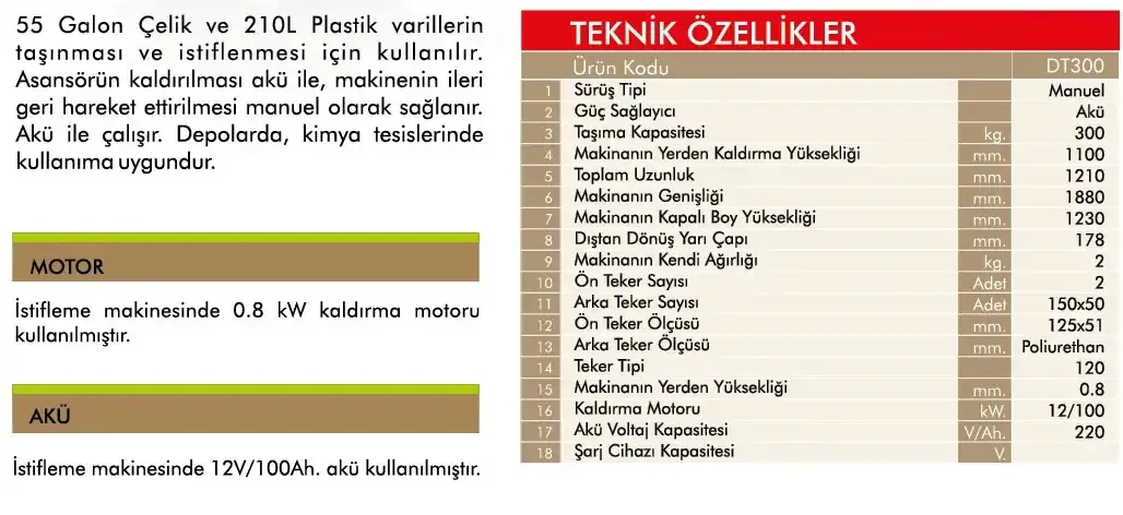 DT300 Akülü Varil İstifleme Aracı