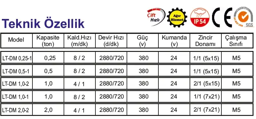 DM Serisi Sabit Askılı Çift Hızlı Zincirli Vinç 0,25t - 2t 1 dm serisi teknik gorsel